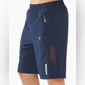 Men's Dark Blue Athletic Shorts with Orange Accents